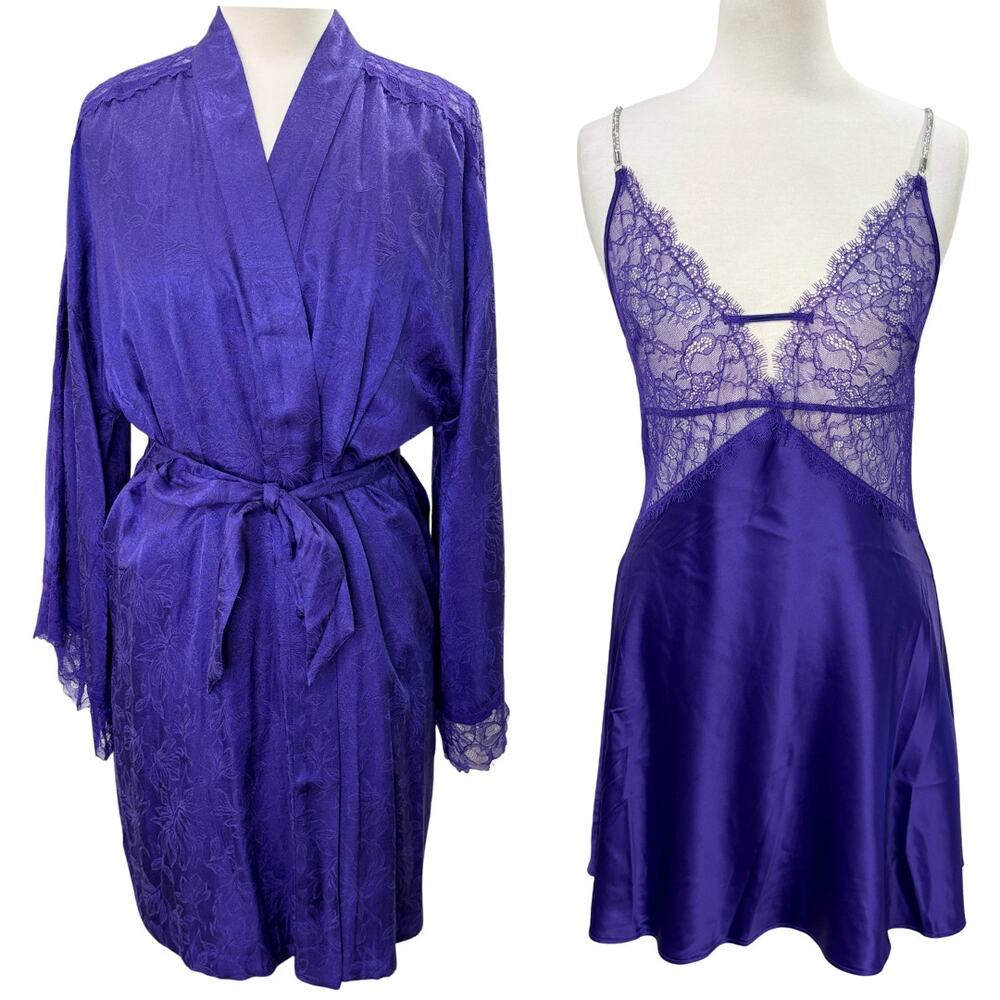 Victorias Secret Size M Babydoll Chemise & Robe Set Purple Lace Rhinestone Strap